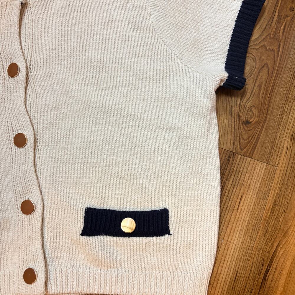 Freshman 1996 Cream & Navy Knit Short Sleeve Cardigan | Gold Button | Women’s M - Picture 5 of 10